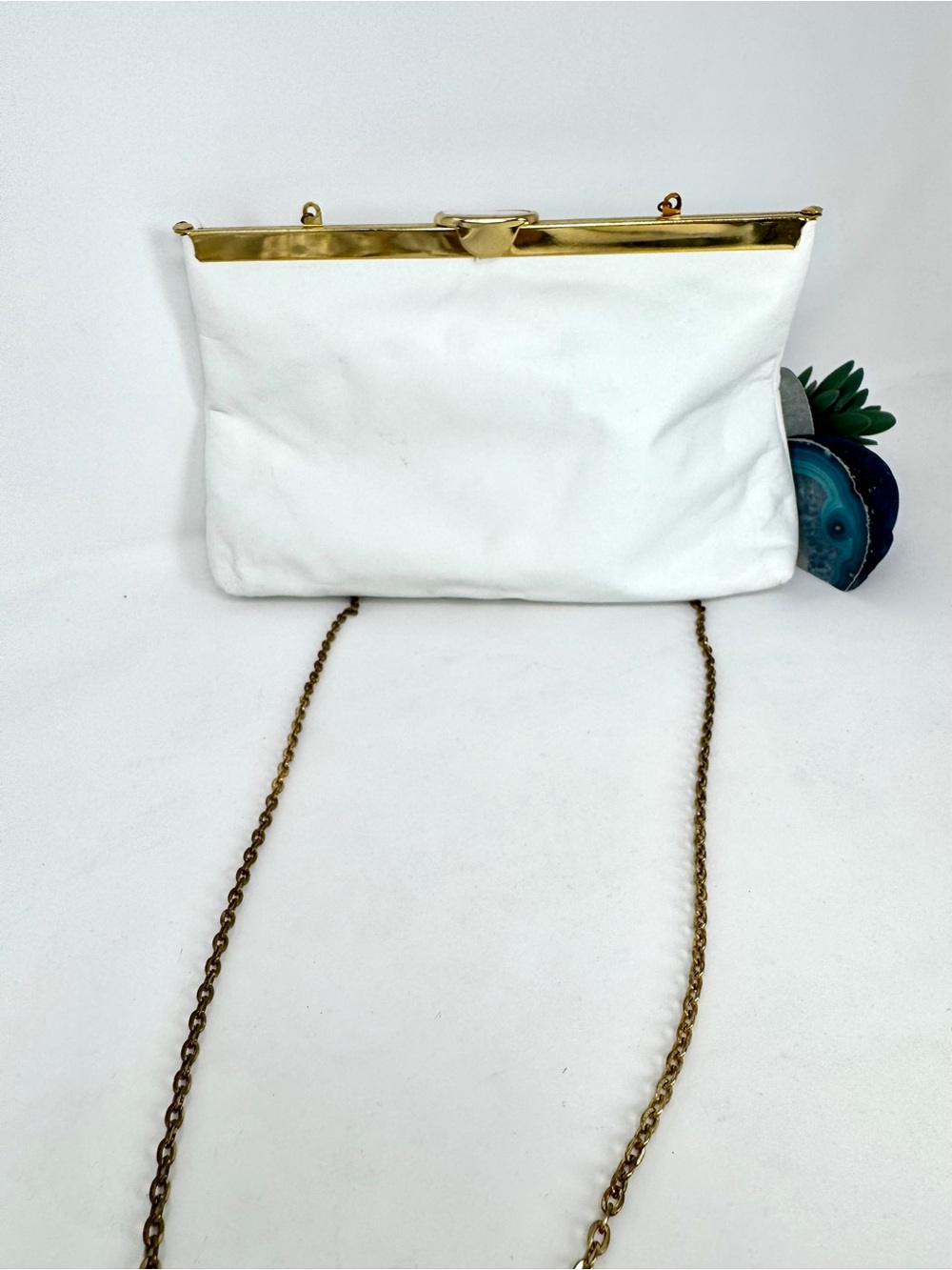 Vintage Etra White Leather A Frame-Top Chain Clutch